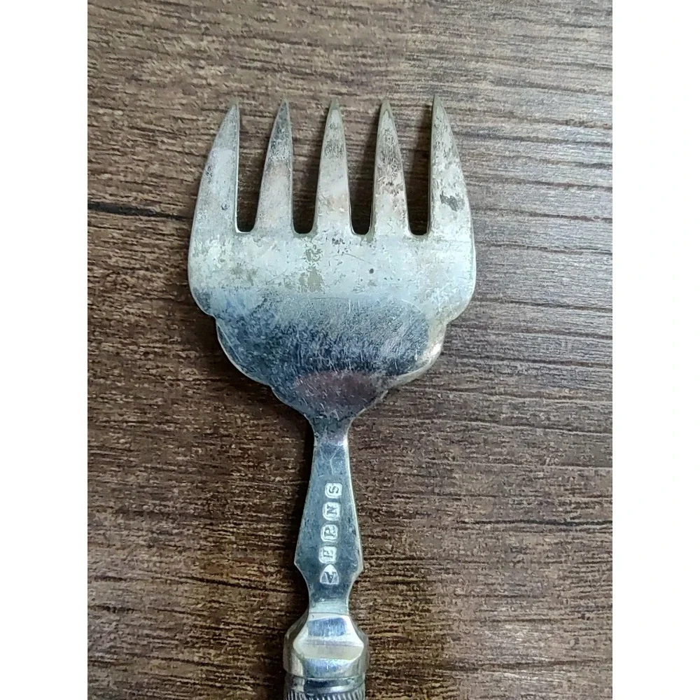 Antique EPNS Fish Serving Fork Mother of Pearl Handle Sterling Collar Engraved